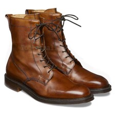 Handmade Men's Leather Genuine Brown Lace Up Marching Oxford Toe Cap Boots-922