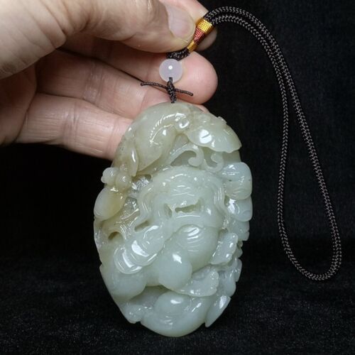 Chinese Hetian Jade Hand Carving Lion Coin Bat Lotus leaf Pendant old Collection - Afbeelding 1 van 9