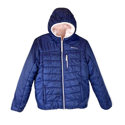 Eddie Bauer Deer Harbor Reversible Coat Jacket Navy Blue Pink Fluffy Girls  L 14
