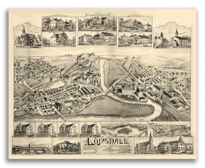 1888 Lonsdale, RI Vintage Old Panoramic City Map - 20x24