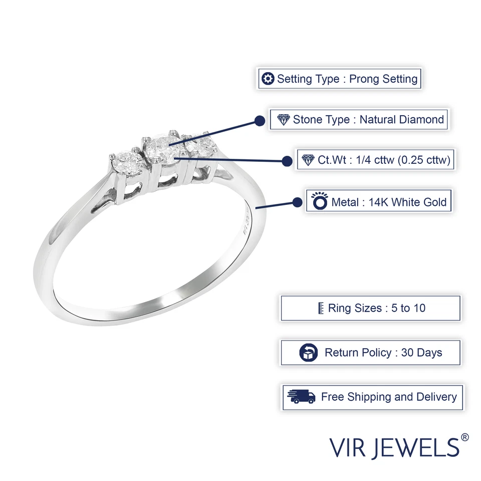 Anillo de compromiso de diamantes de 1/4 quilate y 3 piedras para mujer en punta redonda de oro blanco de 14 k Foto 3 de 4