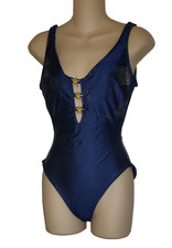 Vintage La Blanca Starfish Swimsuit Sz 8 One Piece Artsy Navy Blue Gold Art