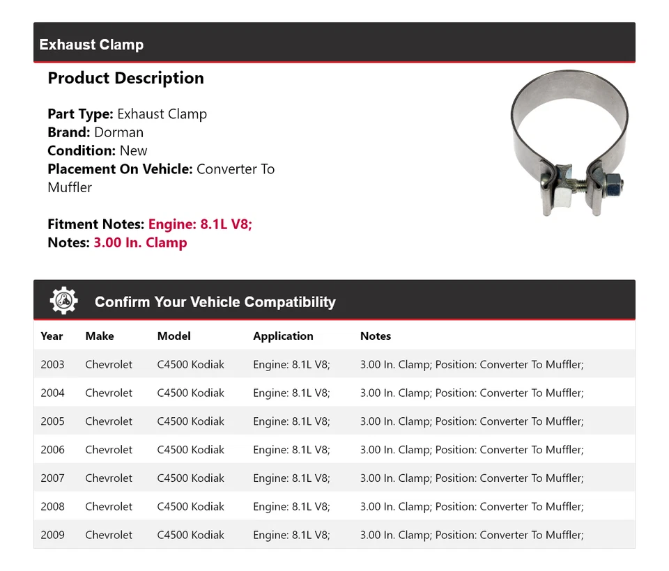 Abrazadera de escape Dorman para Chevrolet C4500 Kodiak 2003-2009 8,1 L V8 2004 2005 Foto 2 de 4