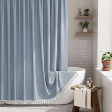 Blue Boho Shower Curtain Tassels Farmhouse Faux Linen Rustic Vintage 72x72