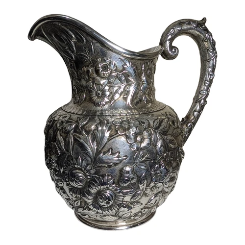VINTAGE STERLING SILVER REPOUSSE FLORAL PATTERN S. KIRK & SON 7.75" PITCHER #AAA