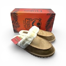 Flojos Lynx Tan Suede Sheepskin Lined Slippers Mules Size Men Sz 10 Women 11