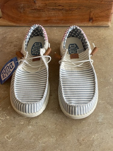 Neu mit Etikett Hey Dude Wally Tri Seersucker rot weiß blau patriotische Schuhe Herren 10 neu - Bild 3 von 7