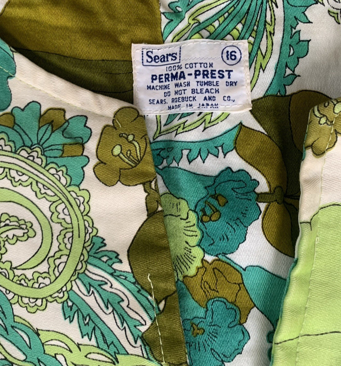 Vtg 60/70s Sears Perma-Prest Green Floral Mod House/Day Front Zip Dress-Size 16