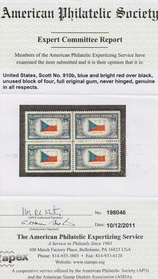 U.S. Sc #910b Czechoslovakia Reverse Printing of Flag Colors VF/XF NH w/APS CERT - Image 2 of 2