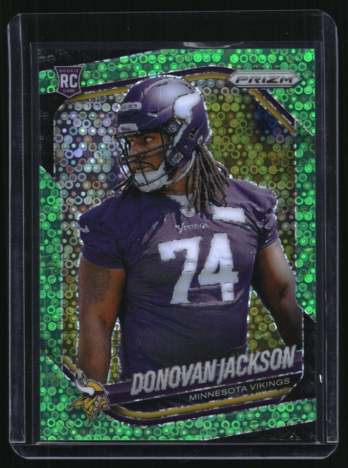 2025 Panini Prizm #358 Donovan Jackson No Huddle Neon #358 Donovan Jackson RC No Huddle Neon Green 08/10 Vikings