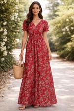 MANGO Floral Print Red Romantic Maxi Dress Short Sleeve Cotton Flowy A-Line Sz 4