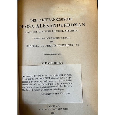 #ad 1920 Old French Prose Alexander Romance Alfons Hilka Medieval Studies $145.00