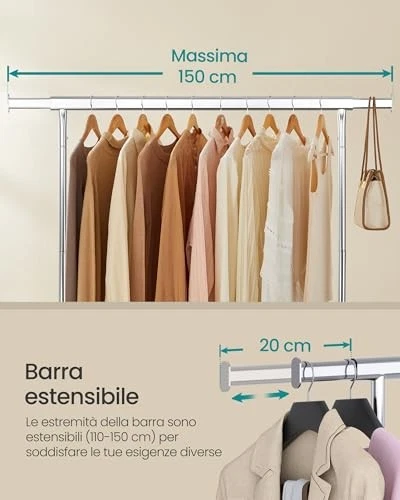 (TG. (110-150)l cm) SONGMICS Stand Appendiabiti con Rotelle, Portabiti per Caric - Immagine 4 di 4