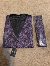 Hi-Tie Vest Suit Mens Size Large Black purple Paisley Formal Wedding Waistcoat