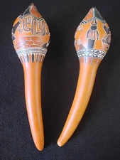 2 Hand Carved Painted Maraca Shaker Percussion Design Tribal Ethnic VTG READ!