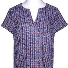 Ann Taylor Womens Tweed Short Sleeve Shift Dress 10 Fringe Hem Knee Length