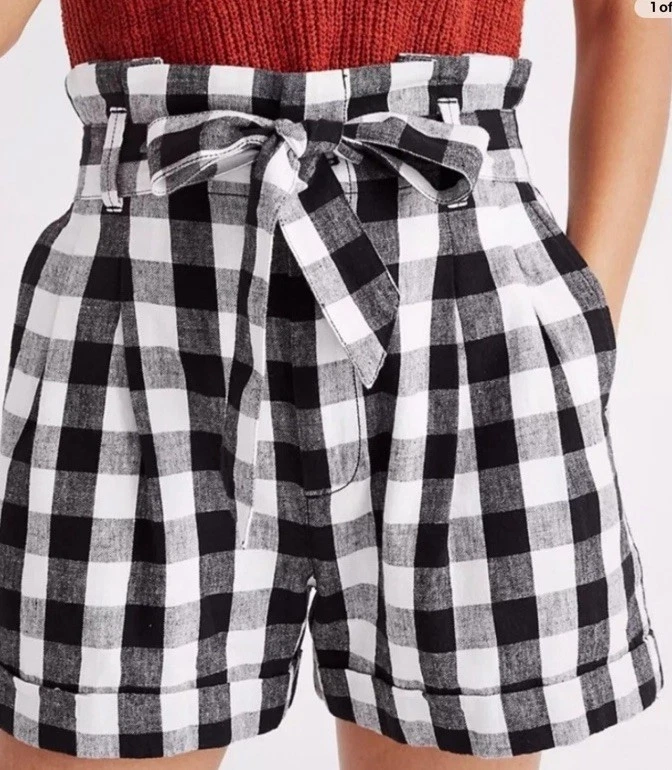 Madewell Black & White Check Linen Blend Paperbag Belted Cuffed Shorts Size 6