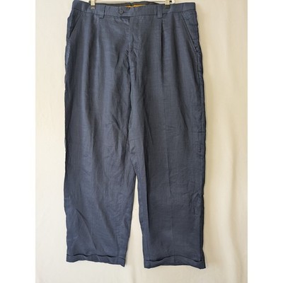 Steve Harvey Mens Navy Blue 100% Linen Pleated Cuffed Trousers 42x30 Relaxed Fit