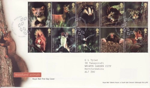 GB Stamps First Day Cover Woodland Animals, fox, deer, cat, paw prints SHS 2004