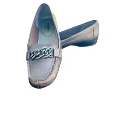 Coach and Four Jessy Women's Metallic Pewter Leather Chain Loafer Shoes size 8.5