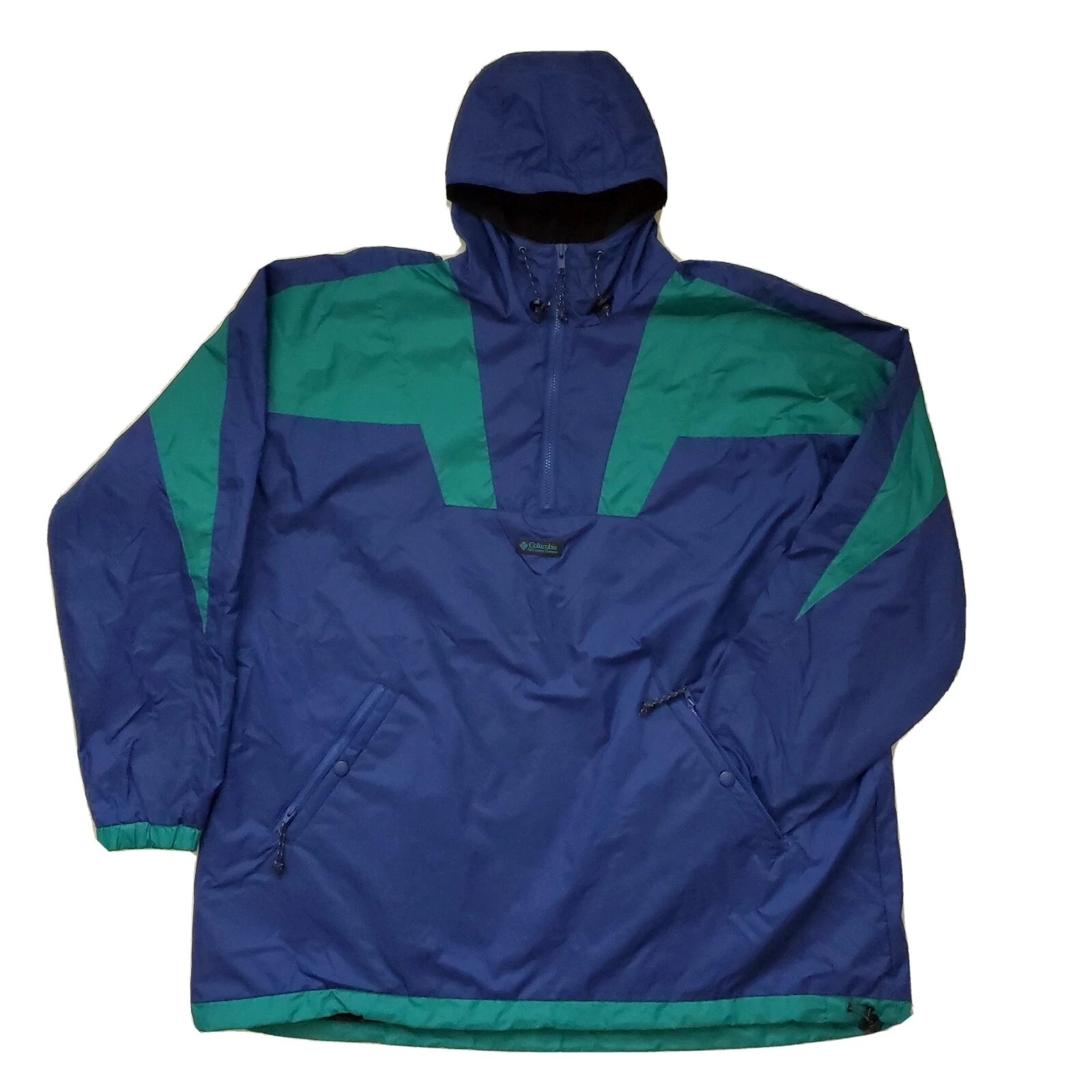 Columbia Blue Green Windbreaker Jacket Mens XL Hooded Colorblock Outdoor Vintage
