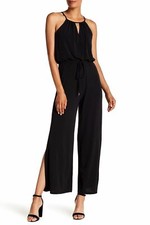 MAGGY LONDON Black Keyhole Drawstring Jersey Slit Wide Leg Dress Jumpsuit 14 XL