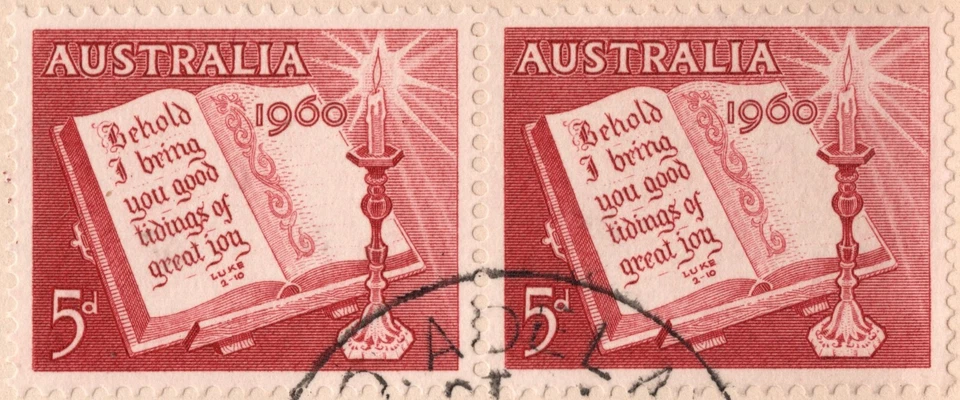 AUSTRALIA 1960 CHRISTMAS FDC+A PAIR OF 5P BIBLE-STAMPS ADELAIDE TO LOS ANGELES, - Image 4 of 4