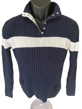 Tommy Hilfiger Sweater Women's Medium Knit Blue White Snap Mock Neck Front Spell