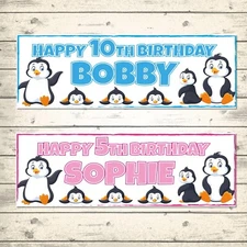 2 PERSONALISED PENGUINS BIRTHDAY BANNERS  - ANY NAME/AGE/MESSAGE