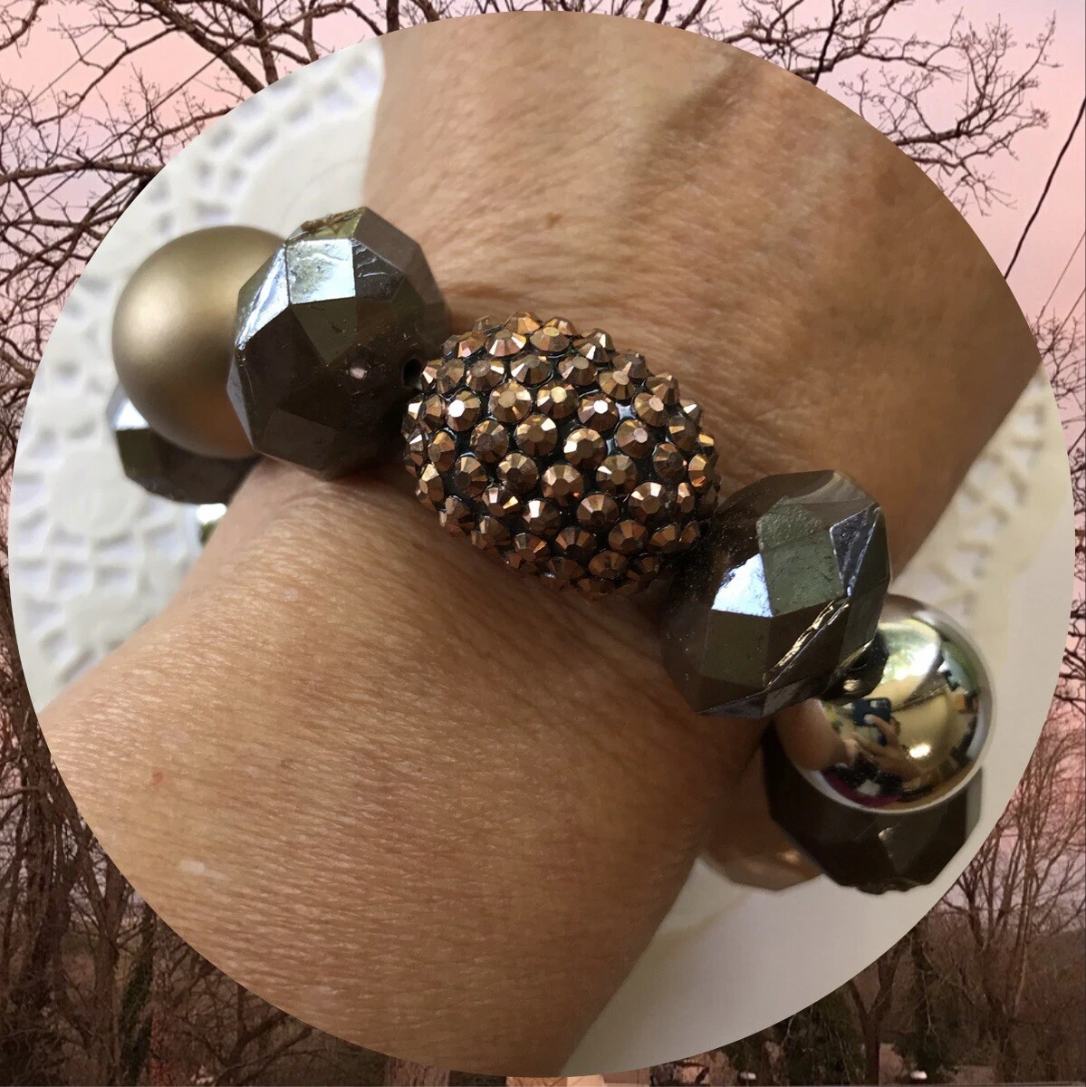 Paparazzi All Cozied Up Bracelet Warm Brown Tan Copper Silver Beads Stretchy