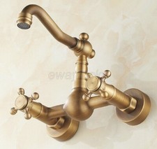 Antique Brass Wall Mounted Bathroom Kitchen Faucet Dual Handle Mixer Sink Tap