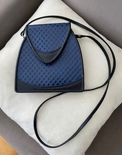 Roche Handmade Royal Blue Leather Bag Has Black Trim, Many Pockets & Long Strap.
