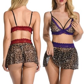 Sexy Leopard Print Women Lingerie 3 Pieces Lace Trim Bra Mini Skirt Panty Set US