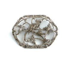 Vintage sterling silver art nouveau bird and leaves marcasite brooch pin