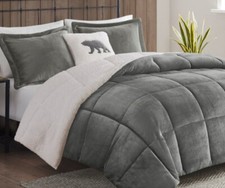 DARK GREY SHERPA PLUSH 4pc King COMFORTER SET : COZY GRAY FAUX FUR BEAR FLEECE