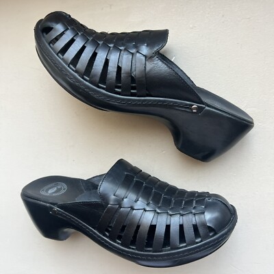 Nurture Black Basket Woven Leather Heeled Mule Slip On Shoes