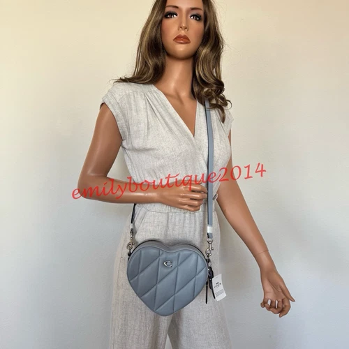 Borsa a tracolla Coach CE725 cuore con trapuntatura in pelle nappa grigio blu nuova con etichetta