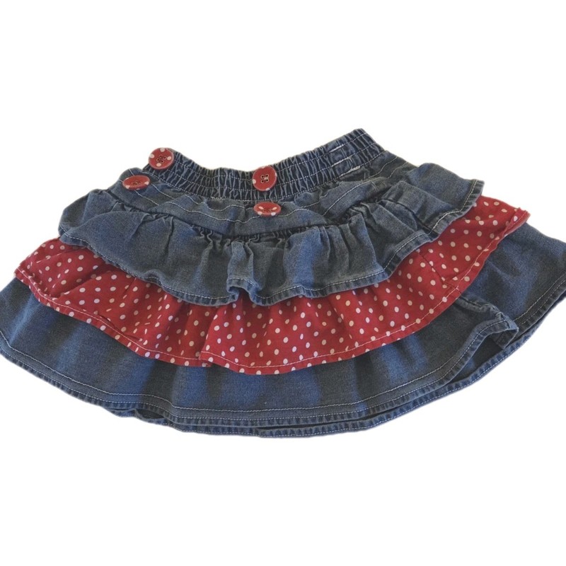 DISNEY Skirt Girls Sz 2 Blue Denim Red White Polka Dot Tiered Pull On Skirt