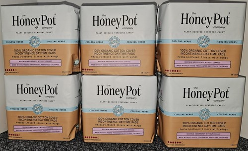6 X The HONEY POT Herbal-Infused 100% Cotton Pads W/ Wings 16 Ct/ea - DAYTIME