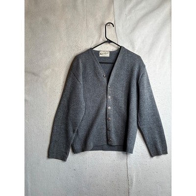 Vintage Kaso Knit Mens Large Grey 100% Worsted Wool V-Neck Cardigan Sweater 6736