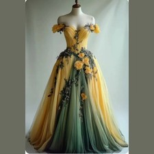 Long Evening Dress Off-Shoulder A-Line Tulle Prom Gown With Flowers Lace Dresses