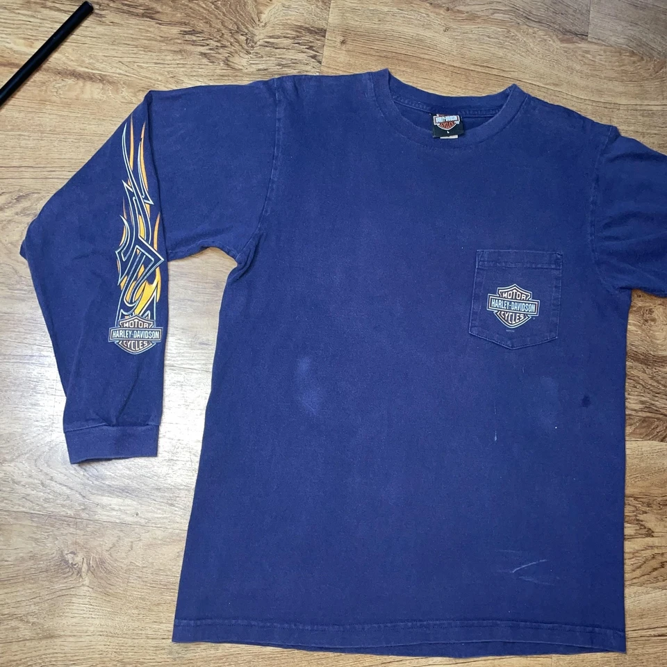 Vtg Harley-Davidson Shirt Mens Large Blue Long Sleeve Made USA Folsom CA flames - Image 2 of 4