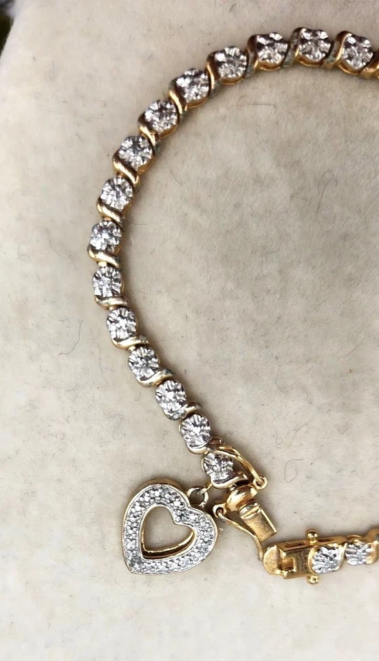 Gold Plated Sterling Silver CZ Tennis Bracelet With Dangle Heart Charm - Image 3 of 4