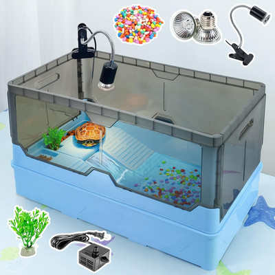 Large Turtle Habitat Kit with Heat Lamp, Filter & Pump (Blue, XL) | Includes Hea