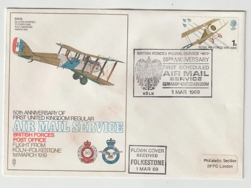 1/3/1969 UK GB Flown Cover -First Scheduled Air Mail Service Germany - UK -D.H.9