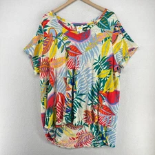 C&C CALIFORNIA Top 2X Plus Linen Slub Jersey Tropical Leaves Tunic Green