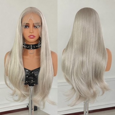 Hitzebeständiges Haar Silber Long Straight Frontale Lace-Perücken