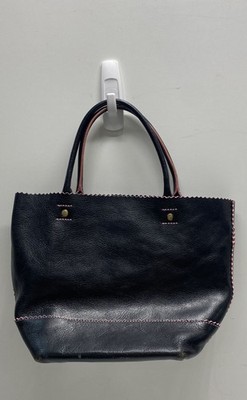 Black Leather Pink Contrast Stitching Tote Handbag Small Brass Hardware