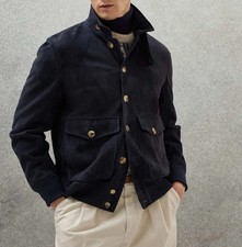 Men's Blue Suede Leather Jacket Pure Sheepskin Flight/Bomber Custom Made Jacket