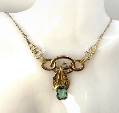 Antikes Collier   Amerik Gold Doublé Aquamarin farbener Kristall 49cm Art Déco